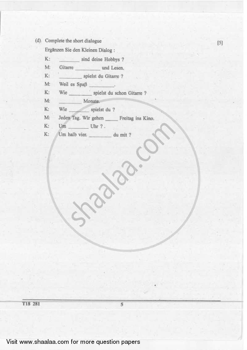 German 2017-2018 ICSE Class 10  - CISCE (Council for the Indian School Certificate Examinations) question paper with PDF download