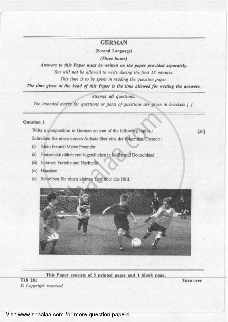 German 2017-2018 ICSE Class 10  - CISCE (Council for the Indian School Certificate Examinations) question paper with PDF download