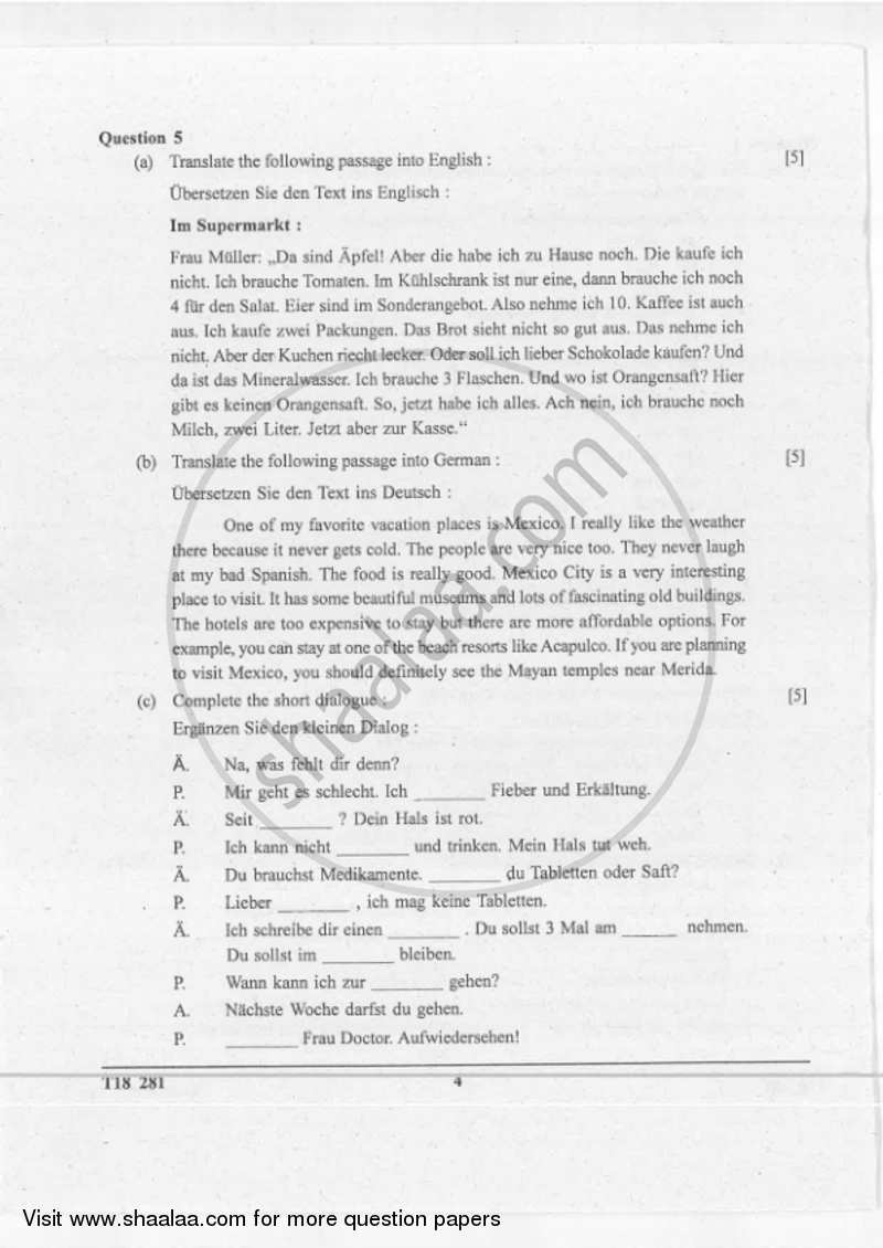 German 2017-2018 ICSE Class 10  - CISCE (Council for the Indian School Certificate Examinations) question paper with PDF download