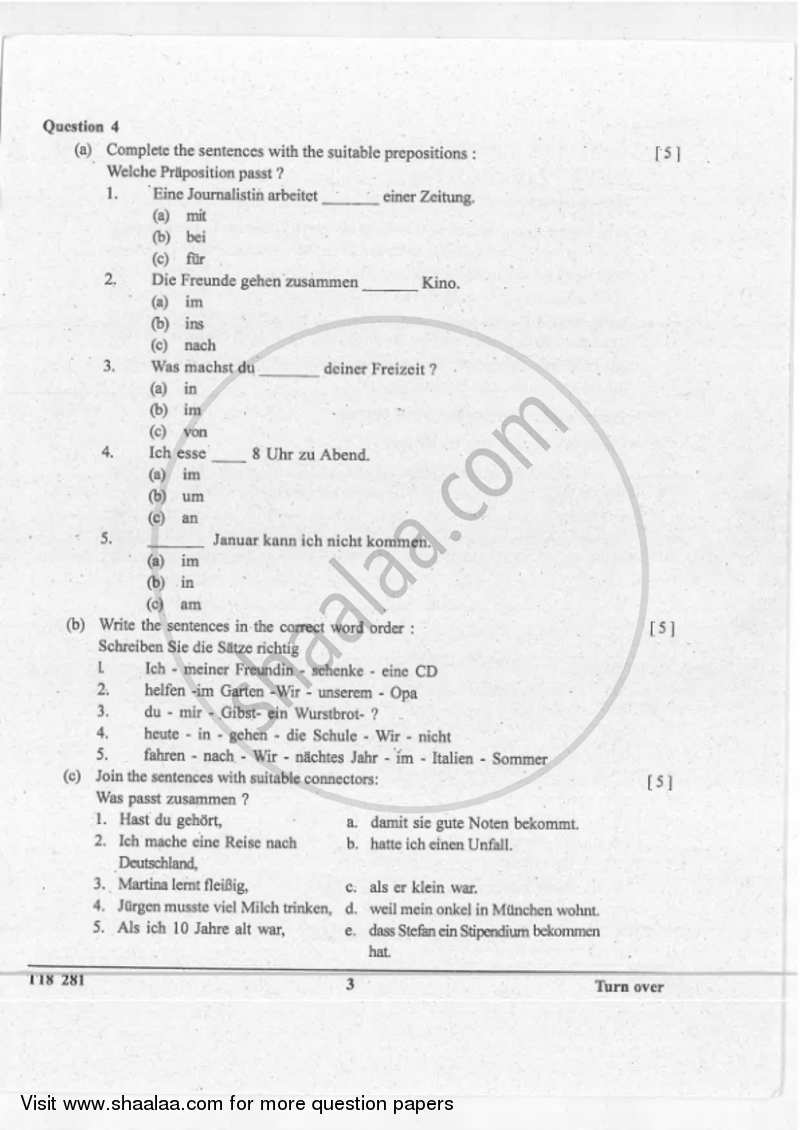 German 2017-2018 ICSE Class 10  - CISCE (Council for the Indian School Certificate Examinations) question paper with PDF download