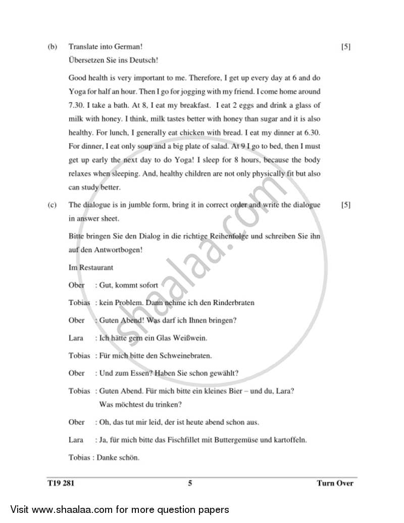 German 2018-2019 ICSE Class 10  - CISCE (Council for the Indian School Certificate Examinations) question paper with PDF download