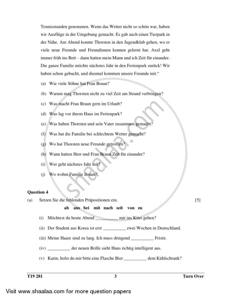 German 2018-2019 ICSE Class 10  - CISCE (Council for the Indian School Certificate Examinations) question paper with PDF download