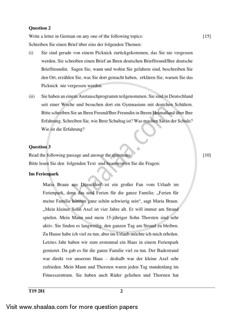 German 2018-2019 ICSE Class 10  - CISCE (Council for the Indian School Certificate Examinations) question paper with PDF download