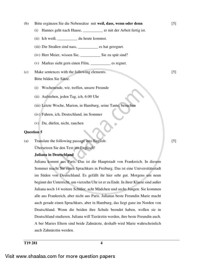 German 2018-2019 ICSE Class 10  - CISCE (Council for the Indian School Certificate Examinations) question paper with PDF download