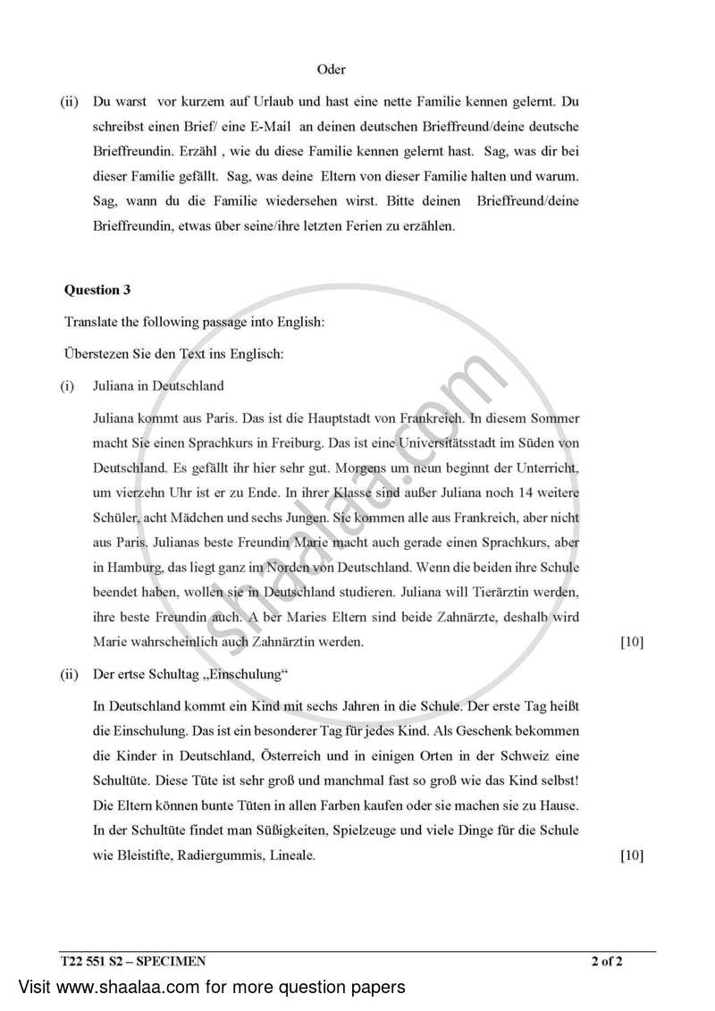 German 2021-2022 ICSE Class 10  - CISCE (Council for the Indian School Certificate Examinations) question paper with PDF download