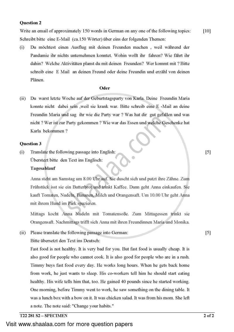 German 2021-2022 ICSE Class 10  - CISCE (Council for the Indian School Certificate Examinations) question paper with PDF download