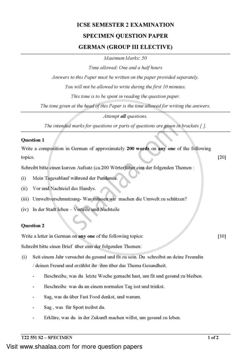 German 2021-2022 ICSE Class 10  - CISCE (Council for the Indian School Certificate Examinations) question paper with PDF download