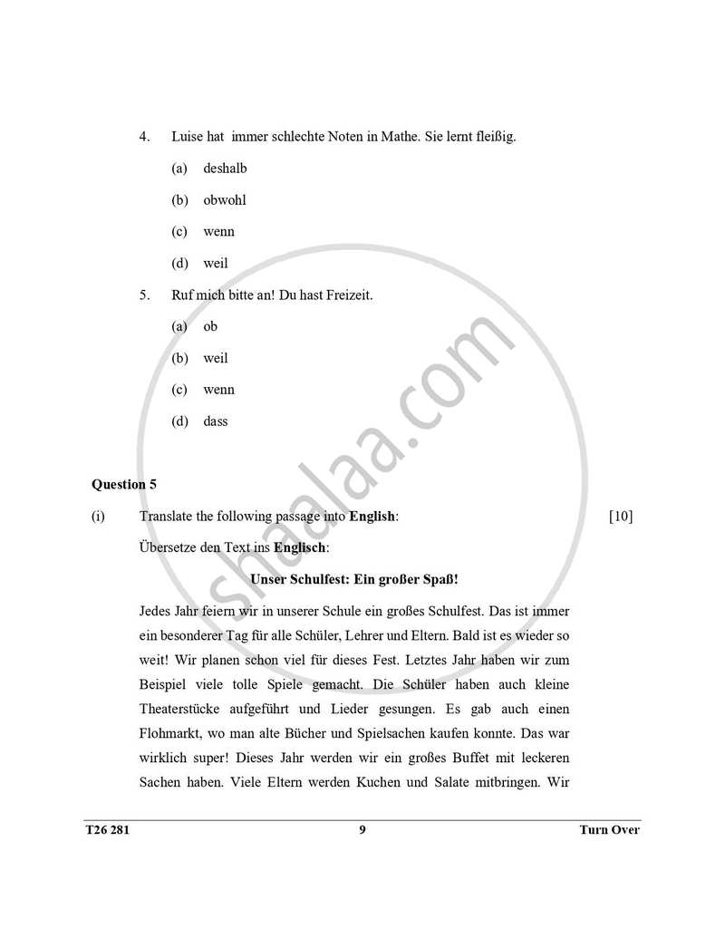 German 2025-2026 ICSE Class 10 - CISCE (Council for the Indian School Certificate Examinations) question paper with PDF download