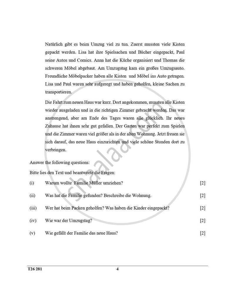 German 2025-2026 ICSE Class 10 - CISCE (Council for the Indian School Certificate Examinations) question paper with PDF download