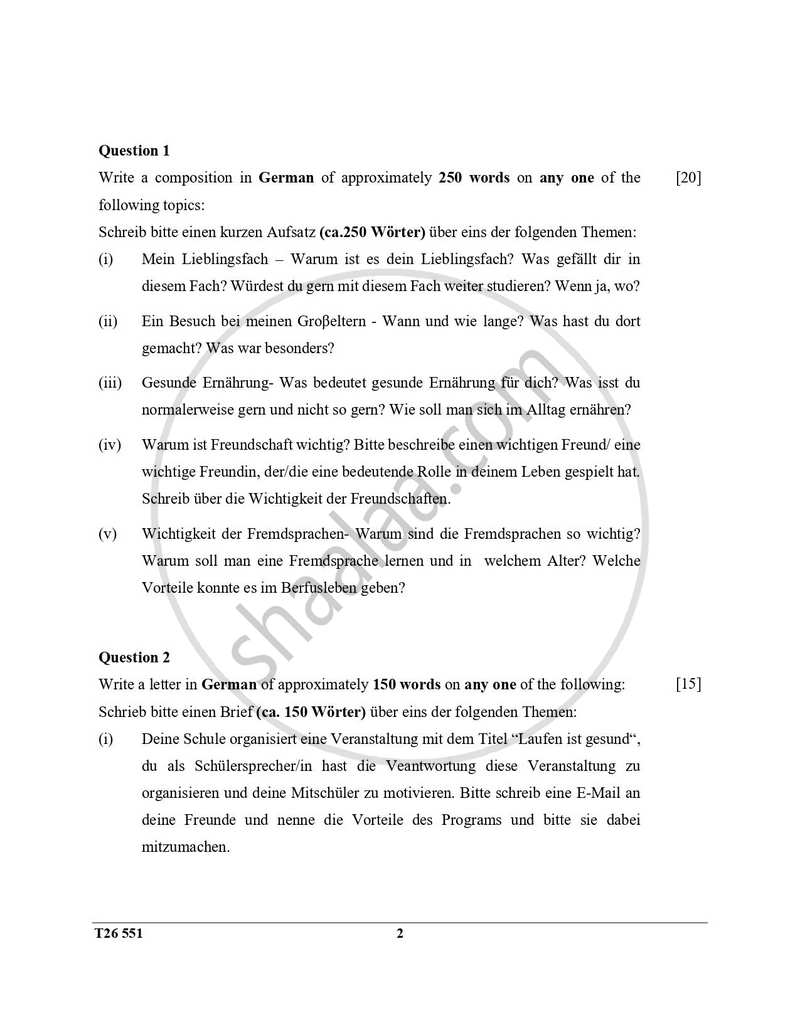 German 2025-2026 ICSE Class 10  - CISCE (Council for the Indian School Certificate Examinations) question paper with PDF download
