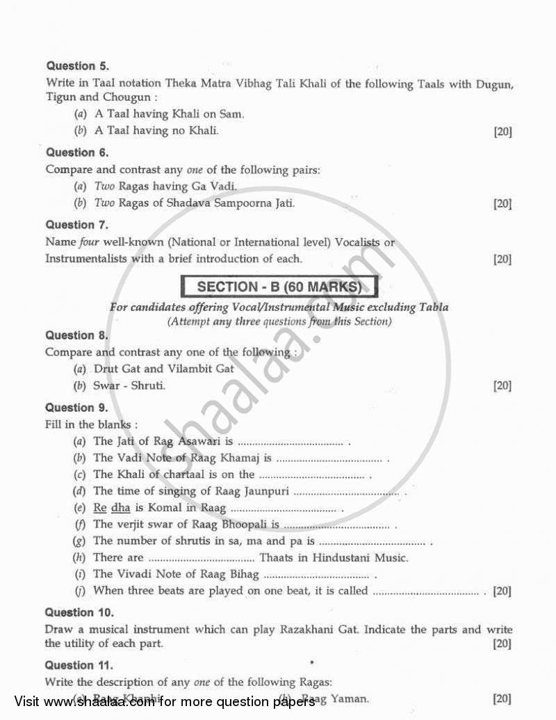 Hindustani Music 2010-2011 ICSE Class 10  - CISCE (Council for the Indian School Certificate Examinations) question paper with PDF download