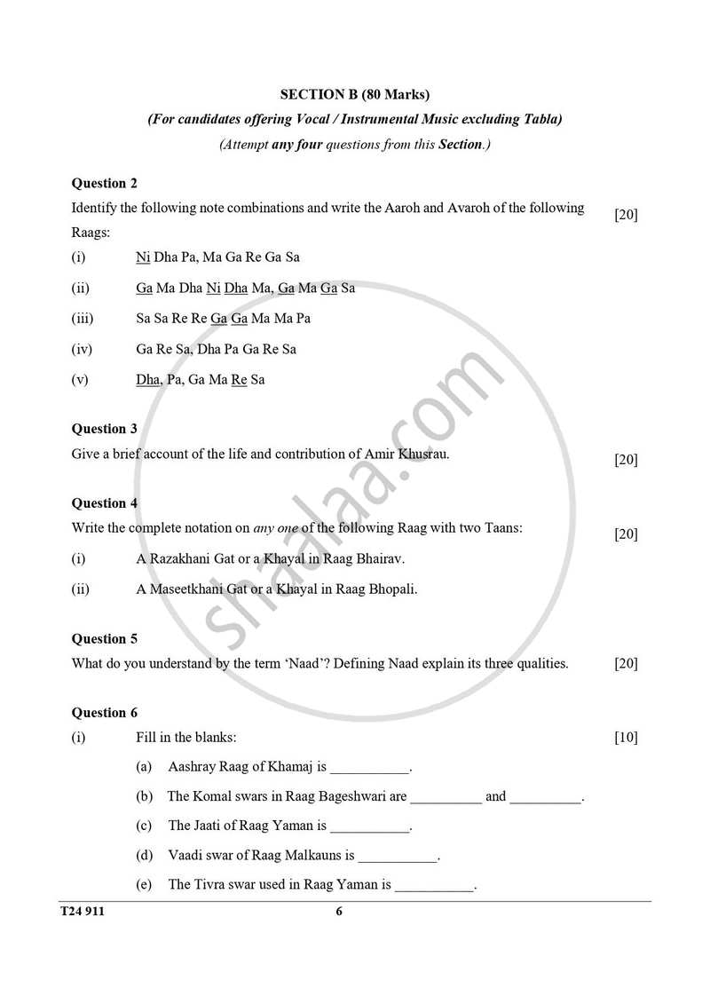 Hindustani Music 2023-2024 ICSE Class 10 - CISCE (Council for the Indian School Certificate Examinations) question paper with PDF download