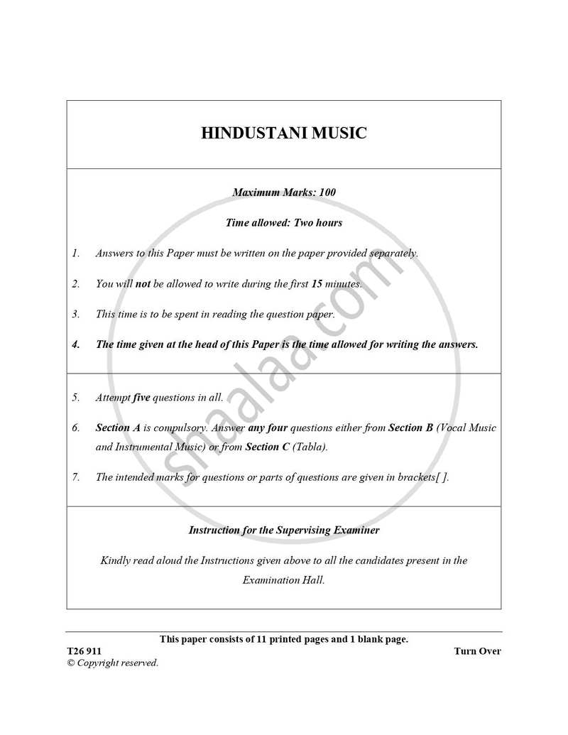 Hindustani Music 2025-2026 ICSE Class 10 - CISCE (Council for the Indian School Certificate Examinations) question paper with PDF download