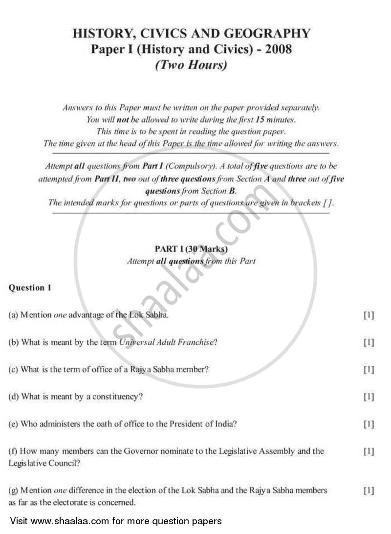 History and Civics 2007-2008 ICSE Class 10  - CISCE (Council for the Indian School Certificate Examinations) question paper with PDF download