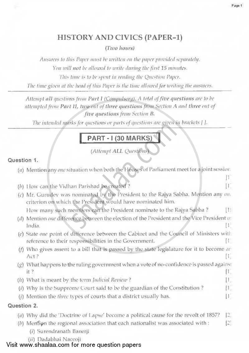 History and Civics 2009-2010 ICSE Class 10  - CISCE (Council for the Indian School Certificate Examinations) question paper with PDF download