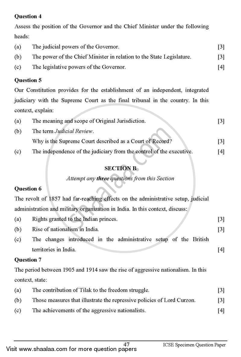 History and Civics 2012-2013 ICSE Class 10  - CISCE (Council for the Indian School Certificate Examinations) question paper with PDF download