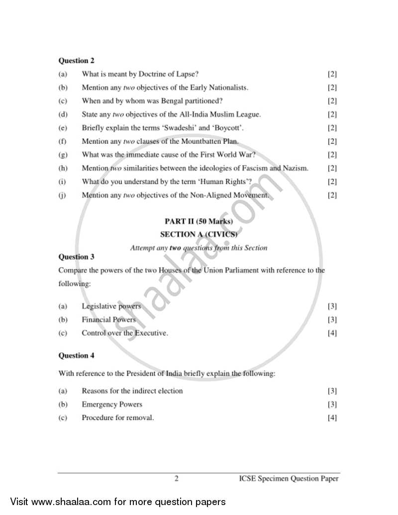 History and Civics 2016-2017 ICSE Class 10  - CISCE (Council for the Indian School Certificate Examinations) question paper with PDF download