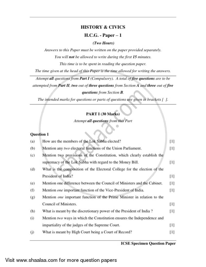 History and Civics 2016-2017 ICSE Class 10  - CISCE (Council for the Indian School Certificate Examinations) question paper with PDF download