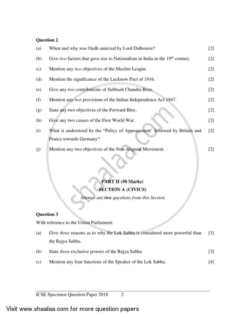 History and Civics 2017-2018 ICSE Class 10  - CISCE (Council for the Indian School Certificate Examinations) question paper with PDF download