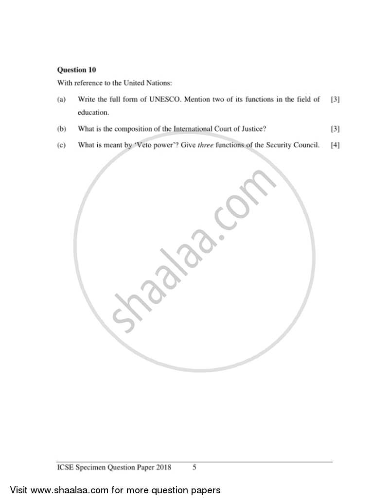 History and Civics 2017-2018 ICSE Class 10  - CISCE (Council for the Indian School Certificate Examinations) question paper with PDF download