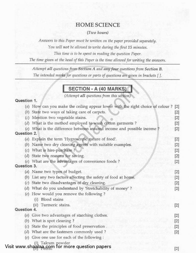 Home Science 2010-2011 ICSE Class 10  - CISCE (Council for the Indian School Certificate Examinations) question paper with PDF download