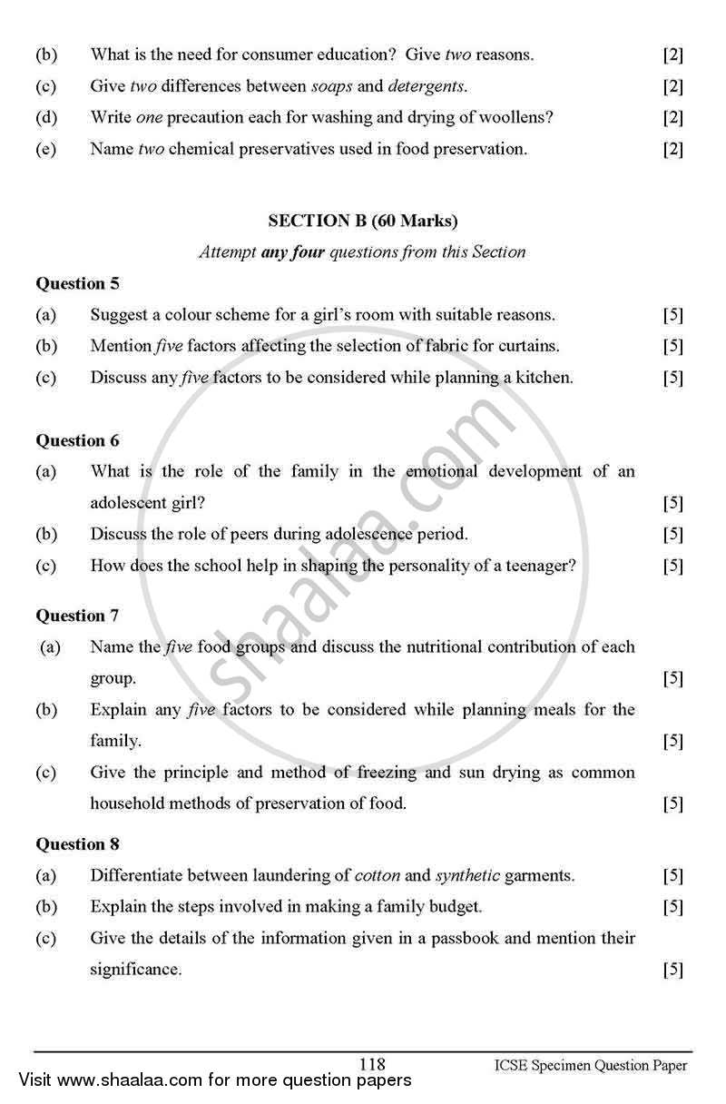Home Science 2012-2013 ICSE Class 10  - CISCE (Council for the Indian School Certificate Examinations) question paper with PDF download