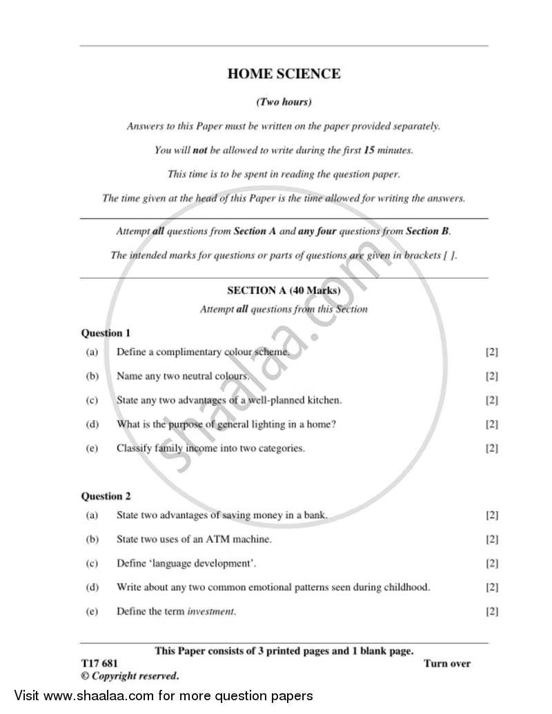Home Science 2016-2017 ICSE Class 10  - CISCE (Council for the Indian School Certificate Examinations) question paper with PDF download