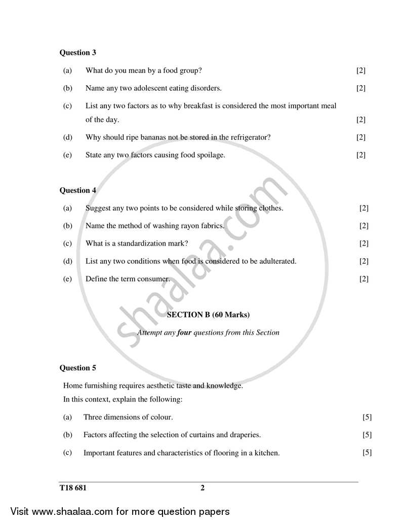 Home Science 2017-2018 ICSE Class 10  - CISCE (Council for the Indian School Certificate Examinations) question paper with PDF download