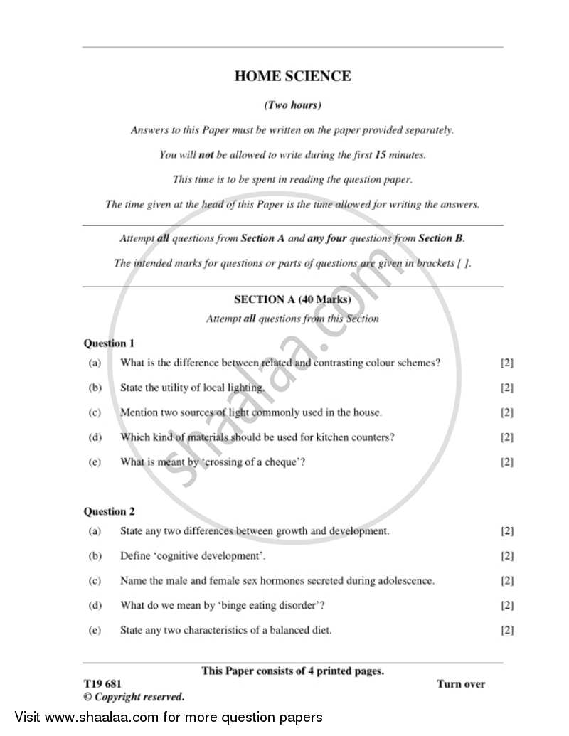 Home Science 2018-2019 ICSE Class 10  - CISCE (Council for the Indian School Certificate Examinations) question paper with PDF download