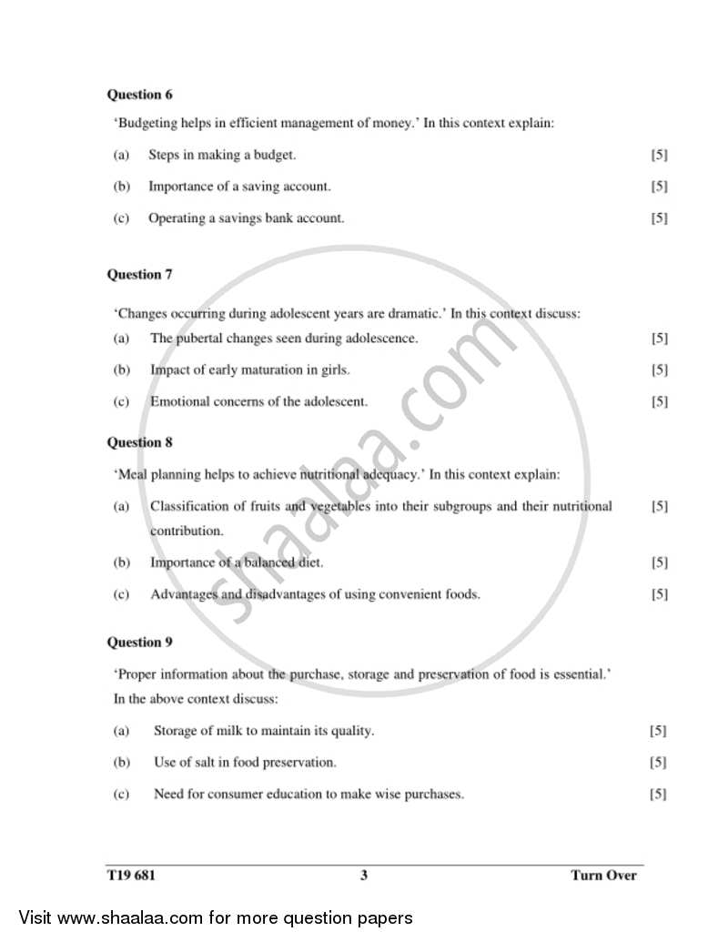 Home Science 2018-2019 ICSE Class 10  - CISCE (Council for the Indian School Certificate Examinations) question paper with PDF download