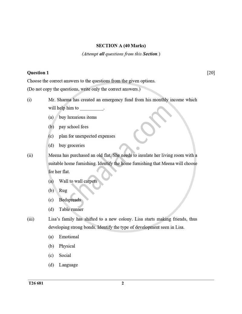 Home Science 2025-2026 ICSE Class 10 - CISCE (Council for the Indian School Certificate Examinations) question paper with PDF download