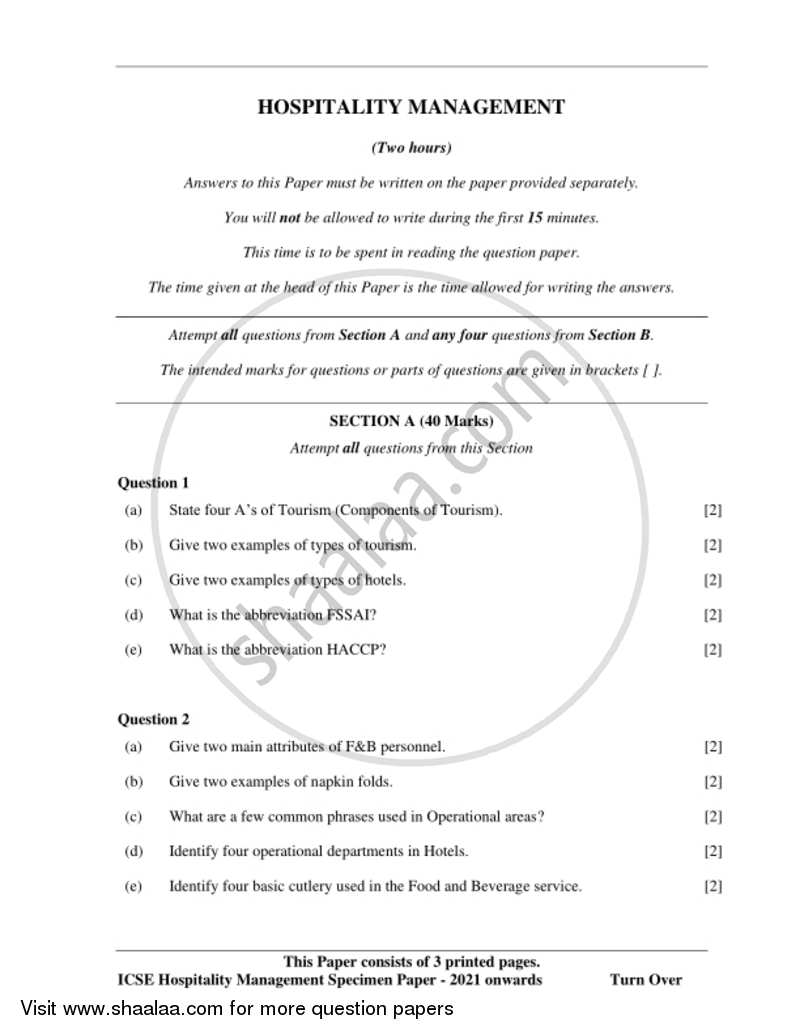 Hospitality Management 2020-2021 ICSE Class 10  - CISCE (Council for the Indian School Certificate Examinations) question paper with PDF download
