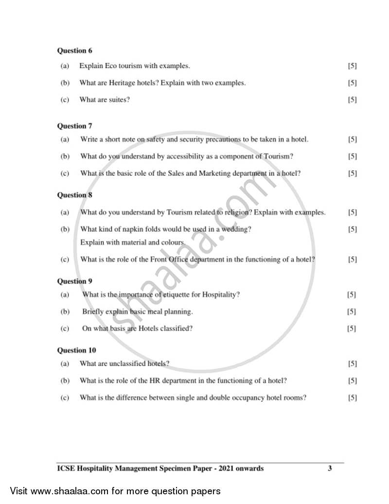 Hospitality Management 2020-2021 ICSE Class 10  - CISCE (Council for the Indian School Certificate Examinations) question paper with PDF download