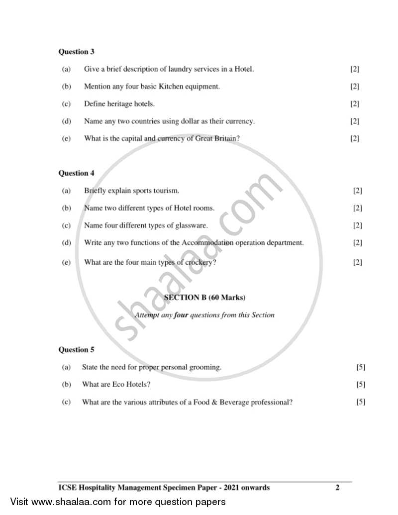 Hospitality Management 2020-2021 ICSE Class 10  - CISCE (Council for the Indian School Certificate Examinations) question paper with PDF download