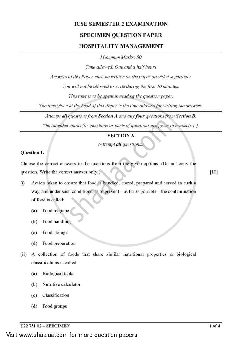 Hospitality Management 2021-2022 ICSE Class 10  - CISCE (Council for the Indian School Certificate Examinations) question paper with PDF download