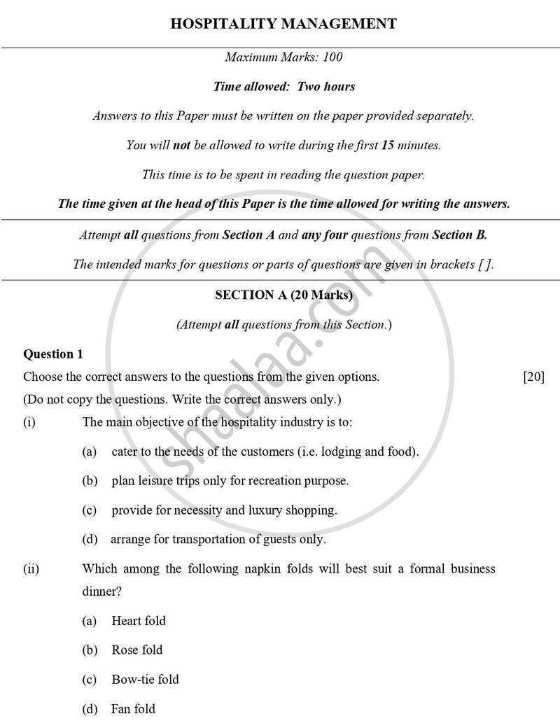 Hospitality Management 2023-2024 ICSE Class 10 - CISCE (Council for the Indian School Certificate Examinations) question paper with PDF download