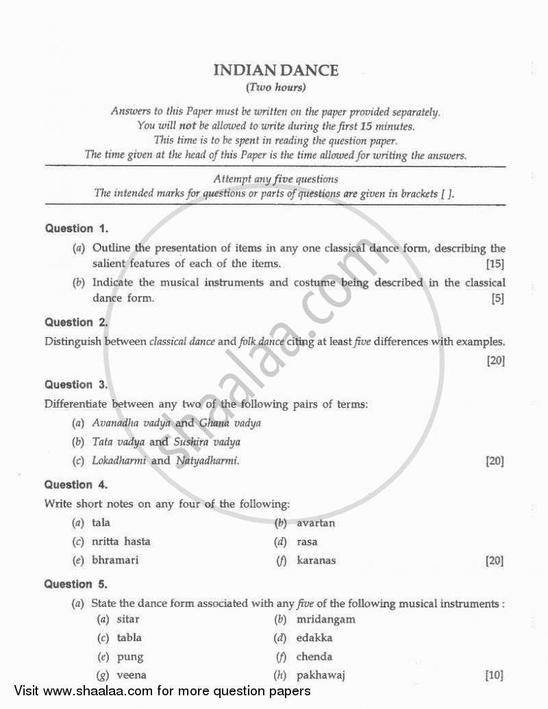 Indian Dance 2010-2011 ICSE Class 10  - CISCE (Council for the Indian School Certificate Examinations) question paper with PDF download