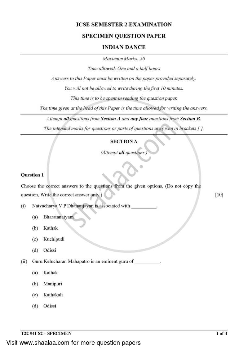 Indian Dance 2021-2022 ICSE Class 10  - CISCE (Council for the Indian School Certificate Examinations) question paper with PDF download