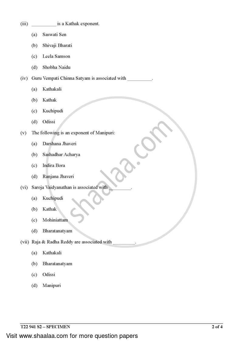 Indian Dance 2021-2022 ICSE Class 10  - CISCE (Council for the Indian School Certificate Examinations) question paper with PDF download