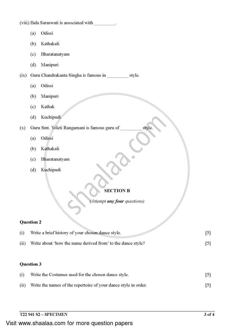 Indian Dance 2021-2022 ICSE Class 10  - CISCE (Council for the Indian School Certificate Examinations) question paper with PDF download