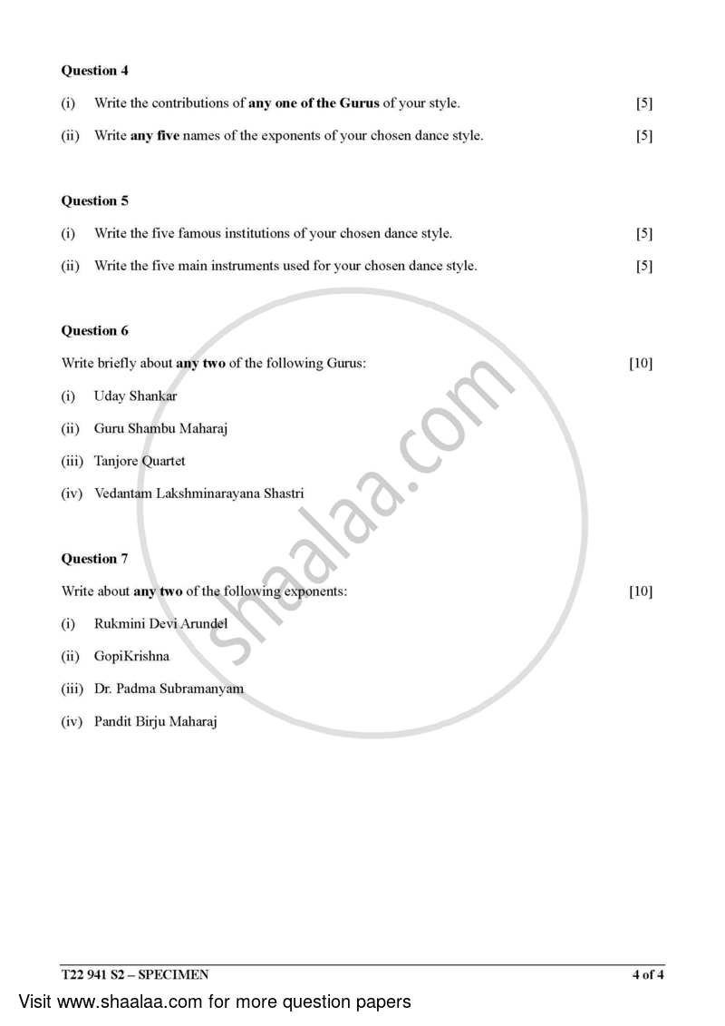 Indian Dance 2021-2022 ICSE Class 10  - CISCE (Council for the Indian School Certificate Examinations) question paper with PDF download