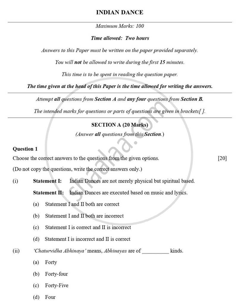 Indian Dance 2023-2024 ICSE Class 10  - CISCE (Council for the Indian School Certificate Examinations) question paper with PDF download
