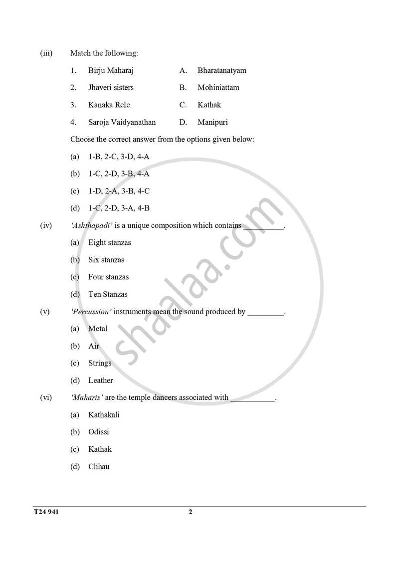 Indian Dance 2023-2024 ICSE Class 10  - CISCE (Council for the Indian School Certificate Examinations) question paper with PDF download