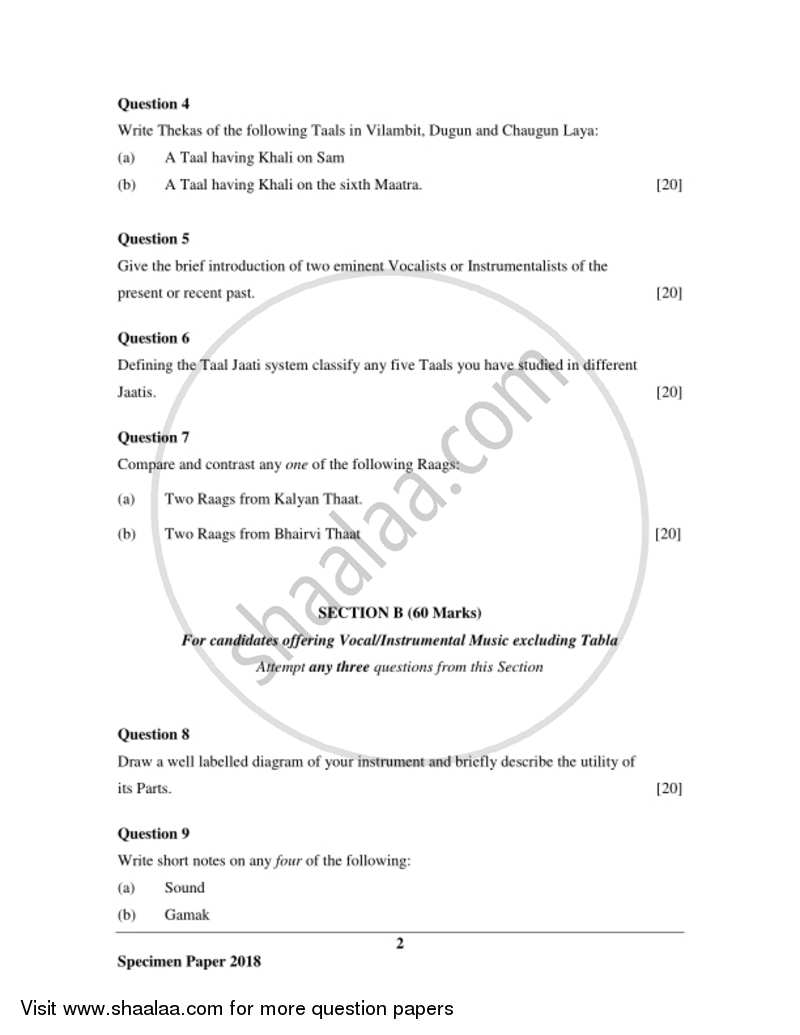 Indian Music (Hindustani) 2017-2018 ICSE Class 10  - CISCE (Council for the Indian School Certificate Examinations) question paper with PDF download