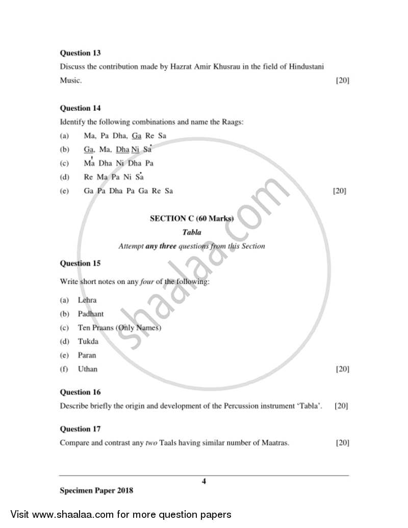 Indian Music (Hindustani) 2017-2018 ICSE Class 10  - CISCE (Council for the Indian School Certificate Examinations) question paper with PDF download