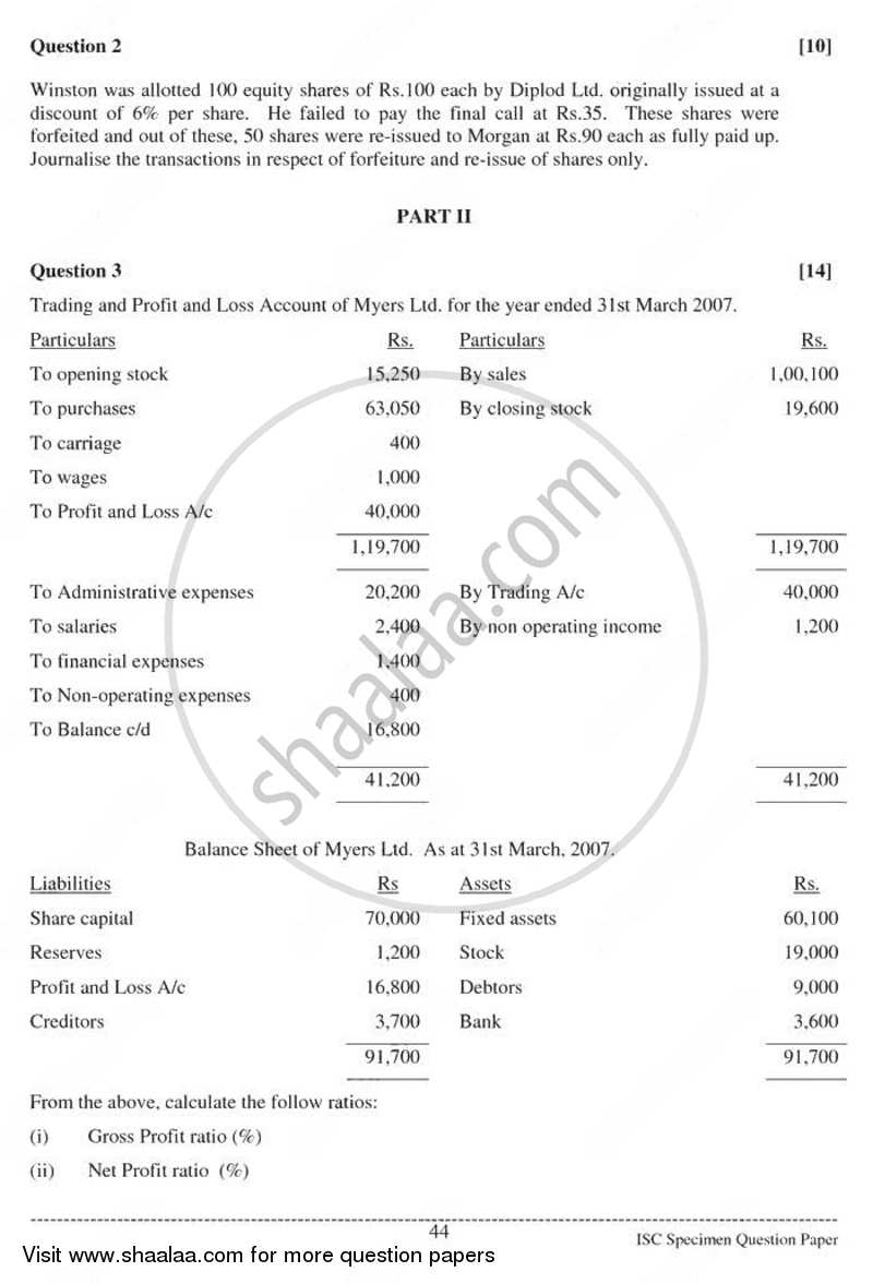 Accounts 2010-2011 - I.S.C. - Class 12 - CISCE (Council for the Indian School Certificate Examinations) question paper with PDF download