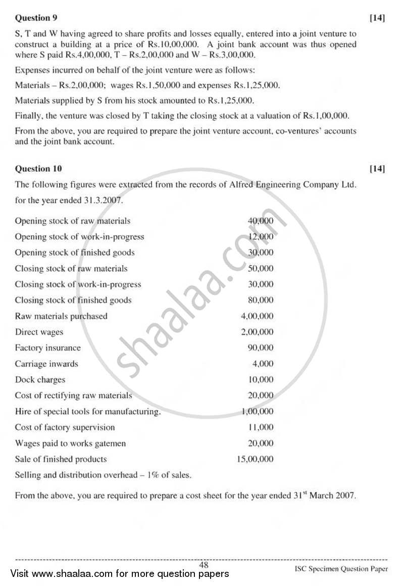 Accounts 2010-2011 - I.S.C. - Class 12 - CISCE (Council for the Indian School Certificate Examinations) question paper with PDF download