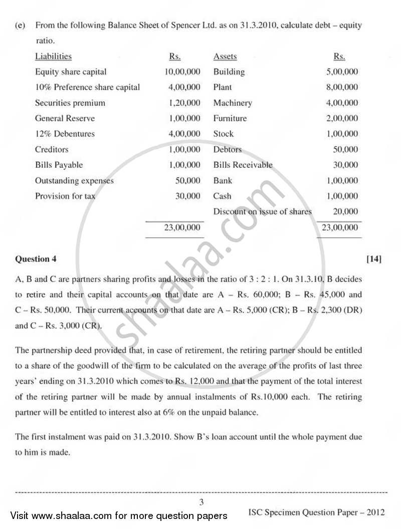 Accounts 2011-2012 - I.S.C. - Class 12 - CISCE (Council for the Indian School Certificate Examinations) question paper with PDF download