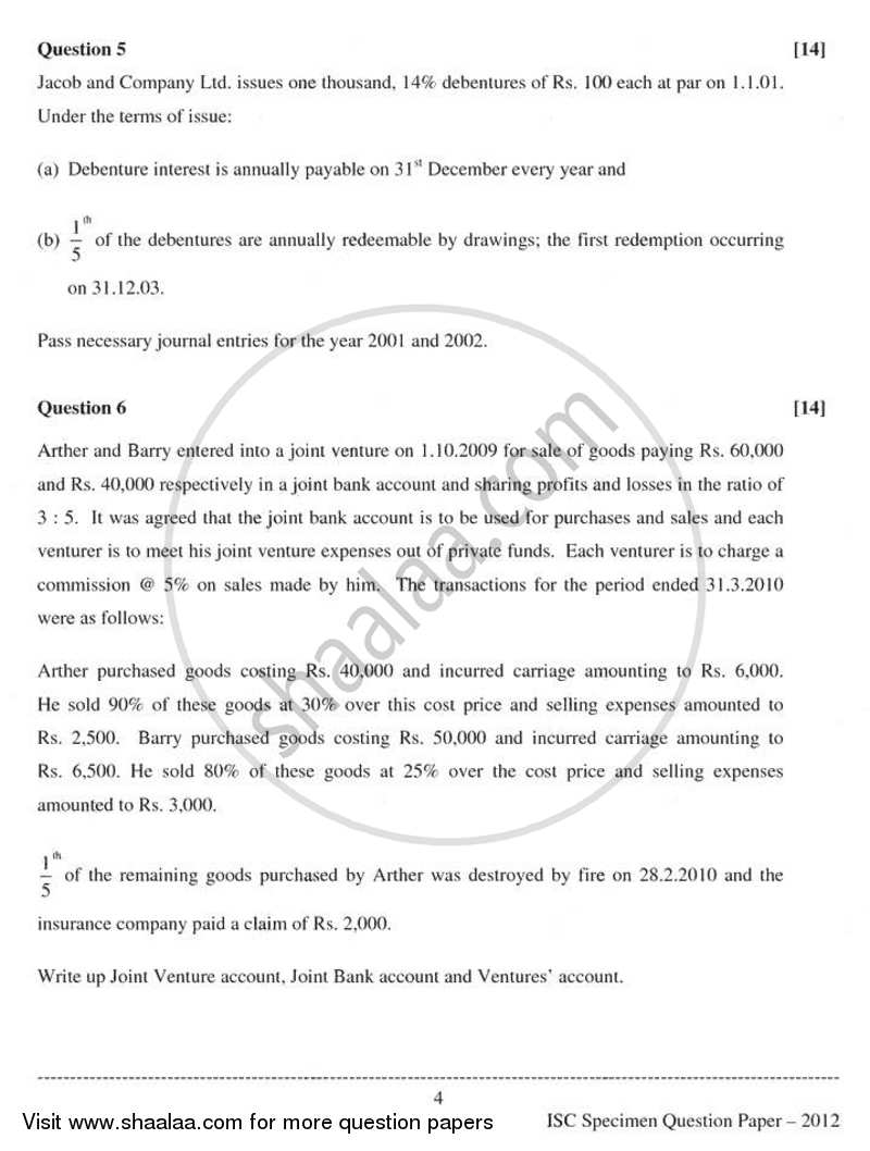 Accounts 2011-2012 - I.S.C. - Class 12 - CISCE (Council for the Indian School Certificate Examinations) question paper with PDF download