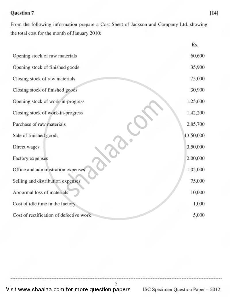 Accounts 2011-2012 - I.S.C. - Class 12 - CISCE (Council for the Indian School Certificate Examinations) question paper with PDF download